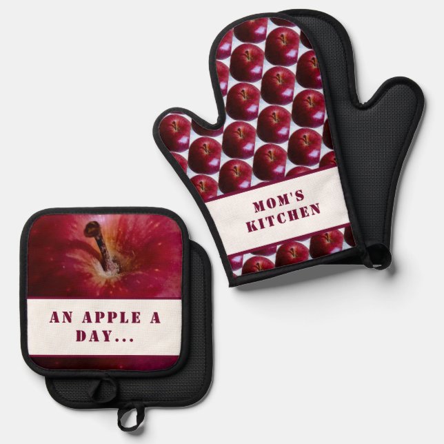 Personalized Apple Pattern Oven Mitt & Pot Holder Set (Front/Back)