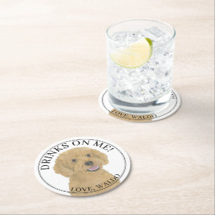 Personalized Apricot Golden Doodle Dog Wedding Round Paper Coaster