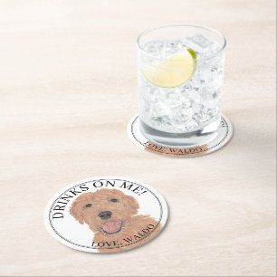 Personalized Apricot Golden Doodle Dog Wedding Round Paper Coaster