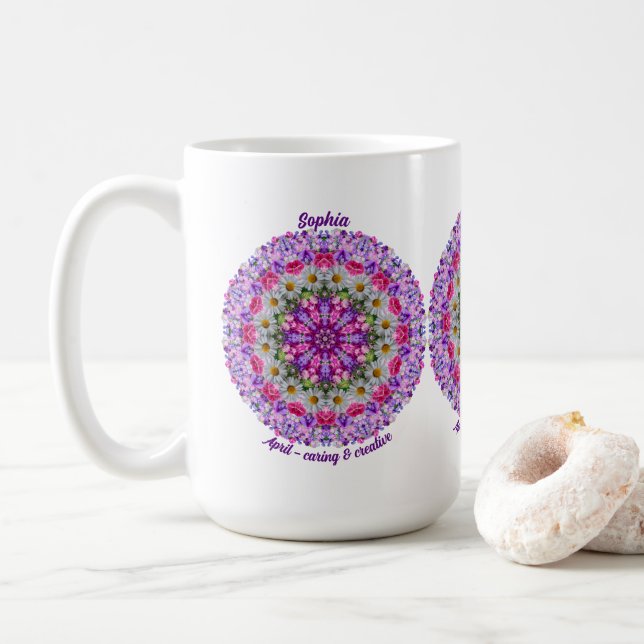 Personalized April Birth Flower Sweet Pea Mandala Coffee Mug (With Donut)
