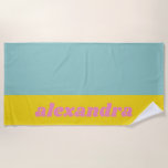 Personalized Aqua and Yellow Retro Typography Fun Beach Towel<br><div class="desc">Make a splash with this personalized beach towel in a stylish aqua and yellow colour block design, featuring bold pink text. Perfect for bachelorette weekends, beach days, poolside lounging, or summer adventures, this towel brings a fun retro vibe to your outdoor essentials. Soft, absorbent, and easy to personalize, it’s ideal...</div>