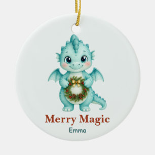 Personalized Aqua Baby Dragon Christmas Ceramic Ornament