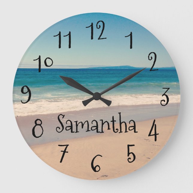 Personalized Aqua Beach Scene Black Text Large Clock (Front)