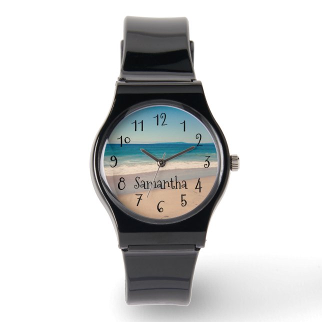 Personalized Aqua Beach Scene Photo Black Text Watch (Front)