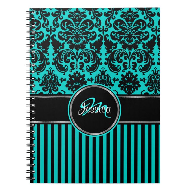 Personalized Aqua Black White Striped Damask Notebook (Front)