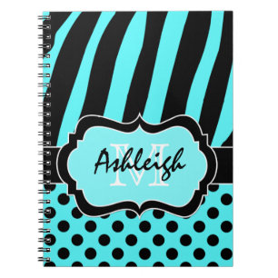 Personalized Aqua Black White Striped Polka Dots Notebook