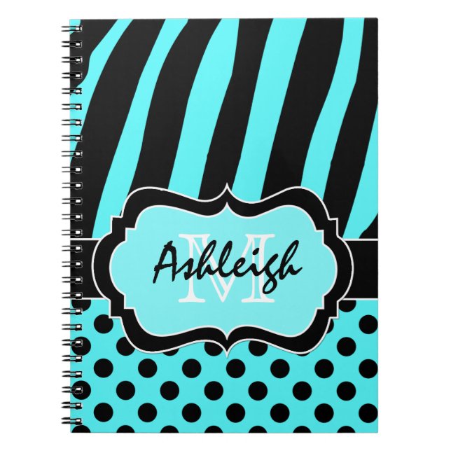 Personalized Aqua Black White Striped Polka Dots Notebook (Front)