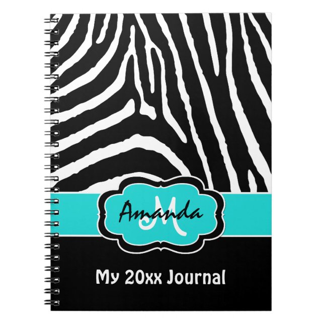 Personalized Aqua Black White Zebra Stripe Journal (Front)