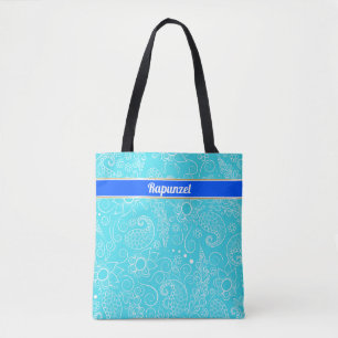 personalized aqua blue and white intricate design tote bag