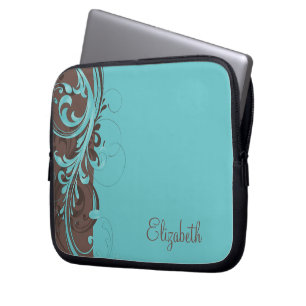 Personalized Aqua Blue Brown Floral Laptop Sleeve