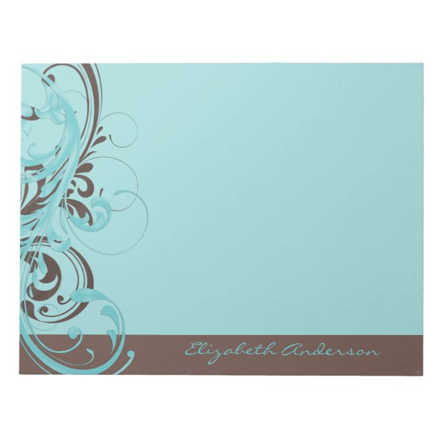 Personalized Aqua Blue Brown Floral Large Notepad (Front)