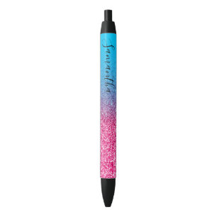 Personalized Aqua Blue Hot Pink Ombre Glitter Black Ink Pen