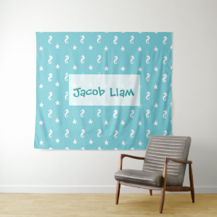 Personalized Aqua Blue Seahorse Boys Name Tapestry