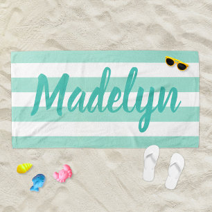 Personalized Aqua Blue Striped Script Name Beach Towel