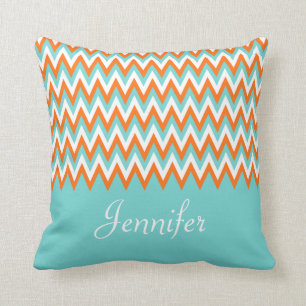 Personalized Aqua Blue White Orange Chevron Throw Pillow