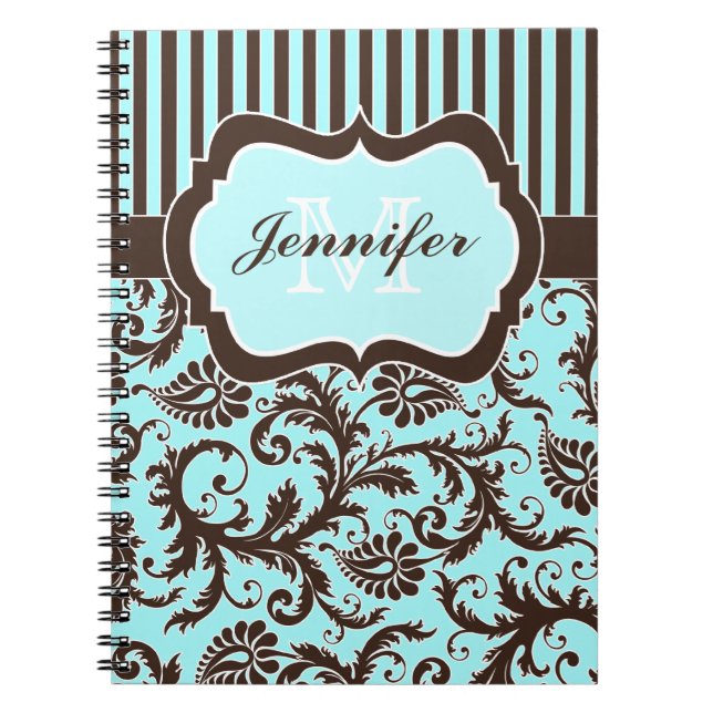 Personalized Aqua Brown White Striped Notebook (Front)