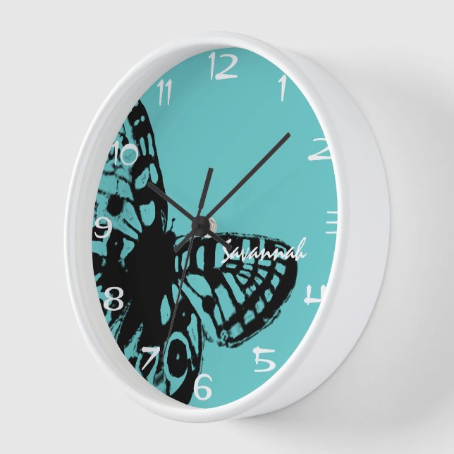 Personalized Aqua Butterfly Vintage Clock (Angle)