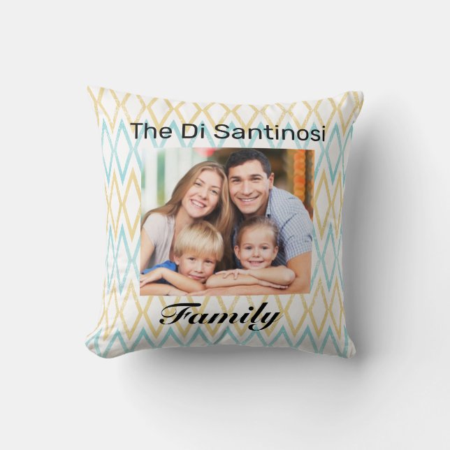 Personalized Aqua & Gold Diamond Family Photo Throw Pillow (Front)