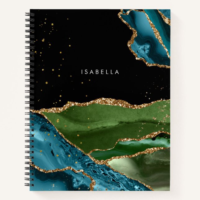 Personalized Aqua/Green Agate w/Gold Glitter Veins Notebook (Front)