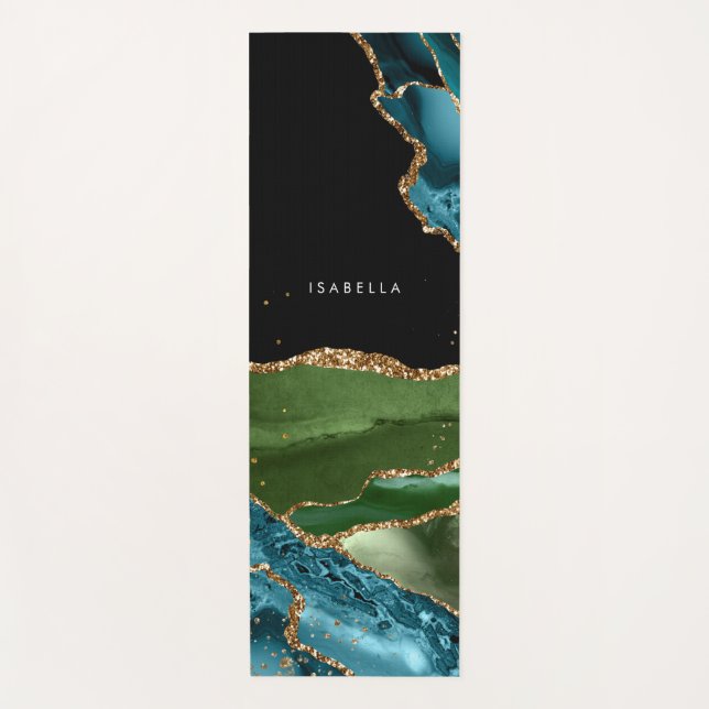 Personalized Aqua/Green Agate w/Gold Glitter Veins Yoga Mat (Front)