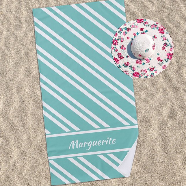 Personalized Aqua Green and White Stripes Beach Towel (Creator Uploaded)