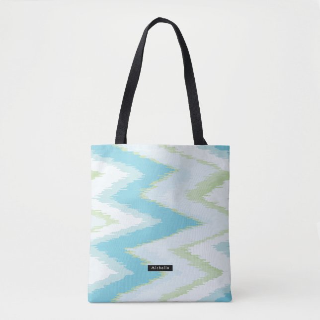 Personalized Aqua Ikat Chevron Pattern Bridesmaid Tote Bag (Front)