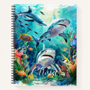 "Personalized Aqua Kids Notebook with Scary Shark 