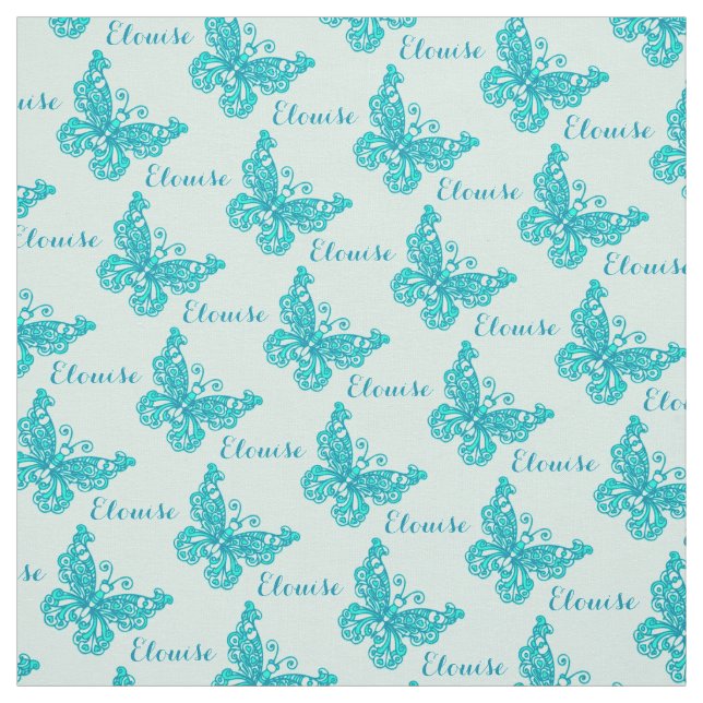 Personalized aqua name butterfly stylized pattern fabric (Swatch)