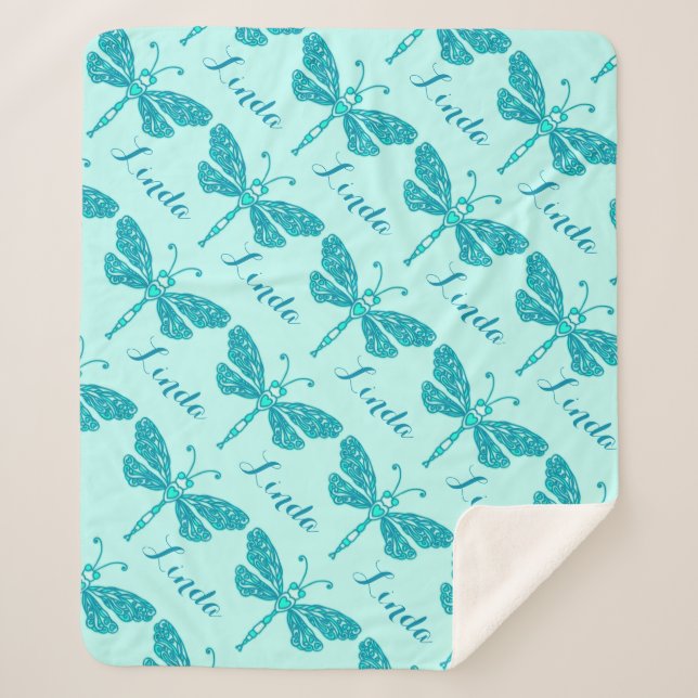 Personalized aqua name dragonfly pattern blanket (Front)
