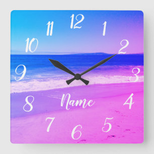 Personalized Aqua Pink Ombre Beach Scene Square Wall Clock