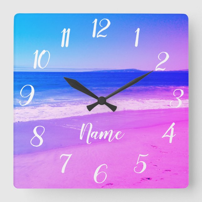 Personalized Aqua Pink Ombre Beach Scene Square Wall Clock (Front)
