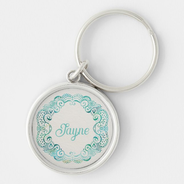  Personalized Aqua Tattoo Filigree Circle Keychain (Front)