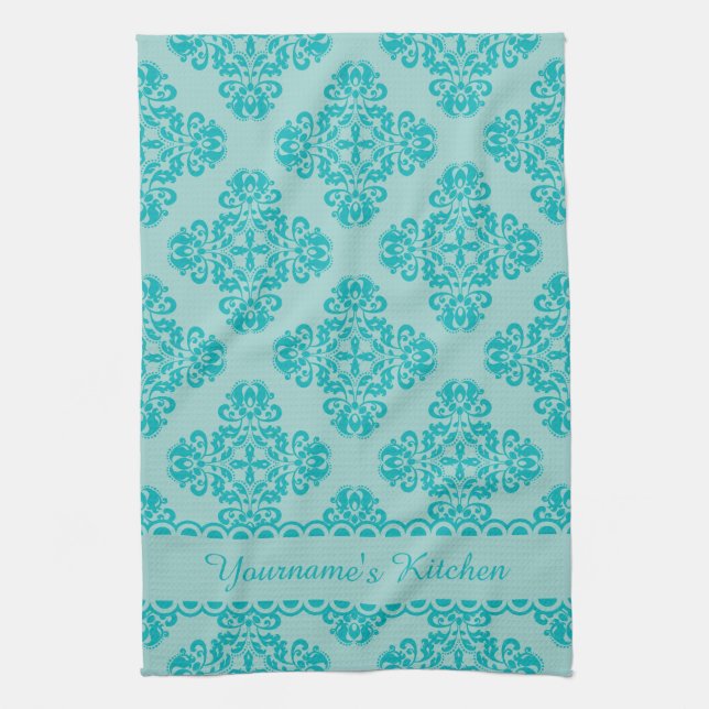 Personalized aqua teal kitchen towel (Vertical)