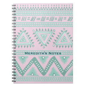 Personalized Aqua-Teal Tribal Pattern on Pink Notebook