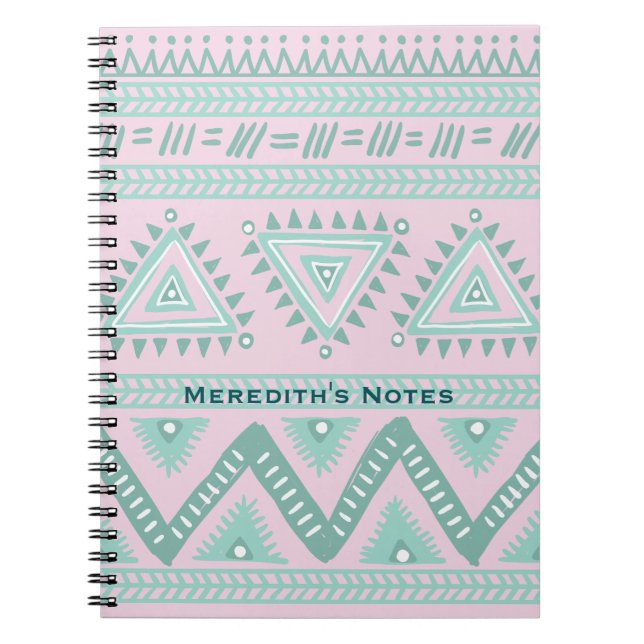 Personalized Aqua-Teal Tribal Pattern on Pink Notebook (Front)