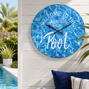 Personalized Aqua Tile Welcome to the Family Pool Large Clock