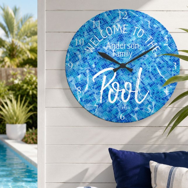 Personalized Aqua Tile Welcome to the Family Pool Large Clock (Creator Uploaded)