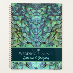 Personalized Aqua Vibrant Peacock Feathers Wedding Planner
