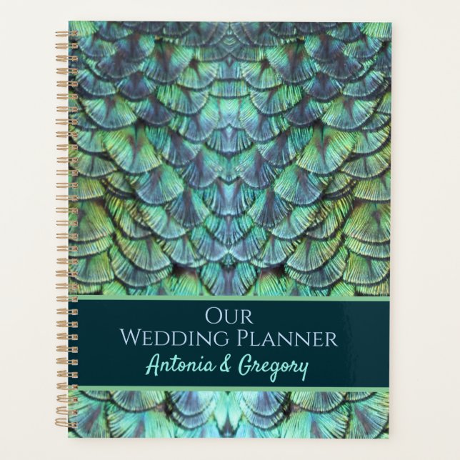 Personalized Aqua Vibrant Peacock Feathers Wedding Planner (Front)