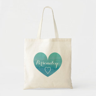 Personalized aqua water colour heart tote bag