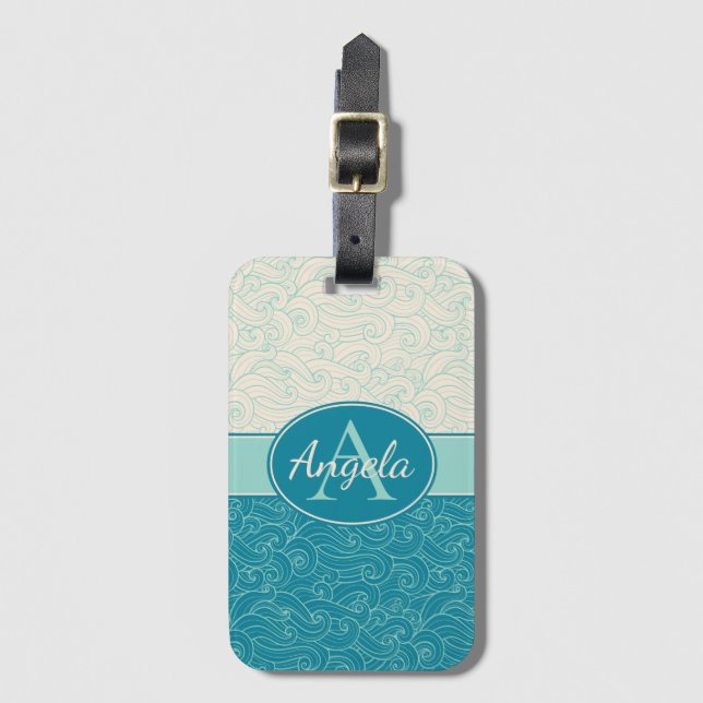 Personalized Aqua Waves Luggage Tag (Front Vertical)