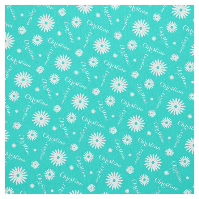 Personalized aqua white daisy name pattern fabric (Swatch)