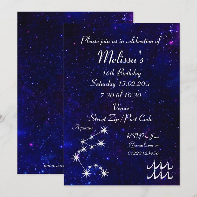 Personalized Aquarius Zodiac Galaxy Party Invitation (Front/Back)