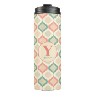 Personalized Arabesque Coral, Green and Cream Thermal Tumbler