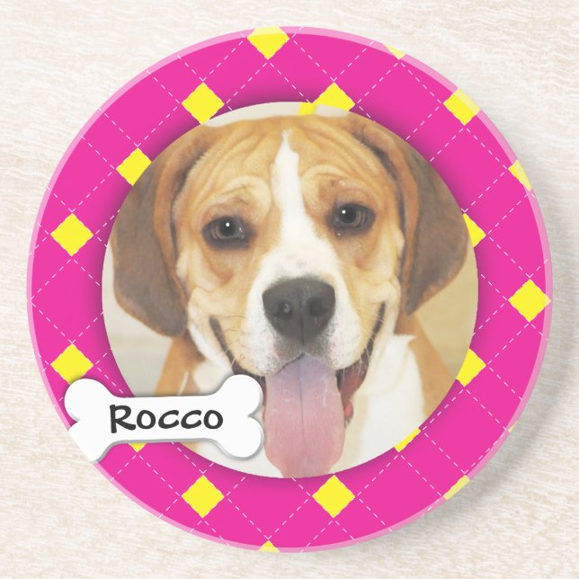 Personalized Argyle Dog Photo Coaster (Front)