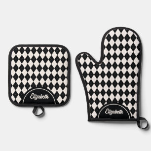 Personalized Argyle Harlequin Black White Oven Mitt & Pot Holder Set