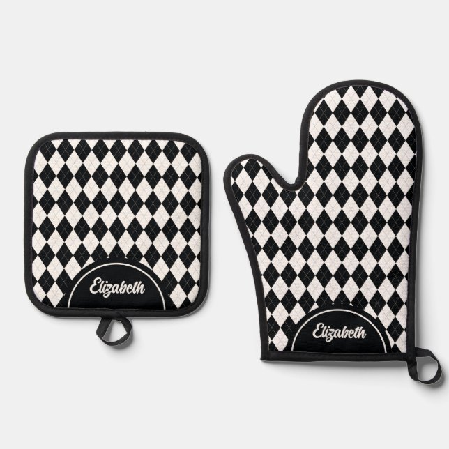 Personalized Argyle Harlequin Black White Oven Mitt & Pot Holder Set (Front)