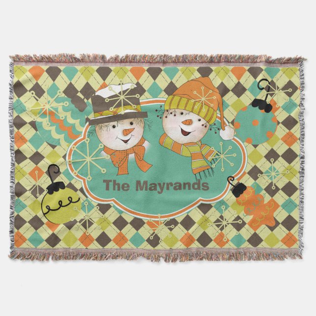 Personalized Argyle Snowmen Holiday Throw (Front)