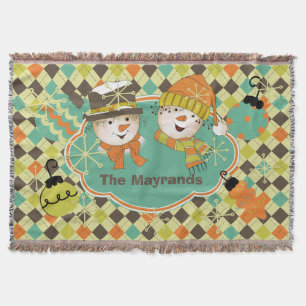 Personalized Argyle Snowmen Holiday Throw Blanket