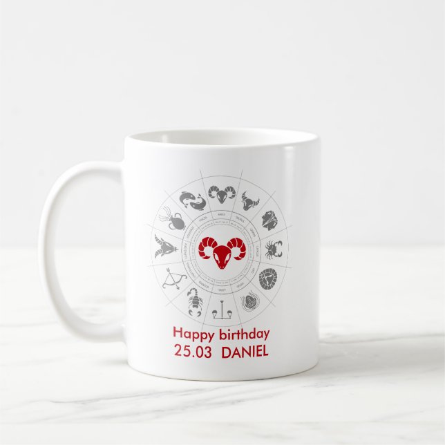 Personalized Aries Zodiac Birthday Gift Coffee Mug (Left)
